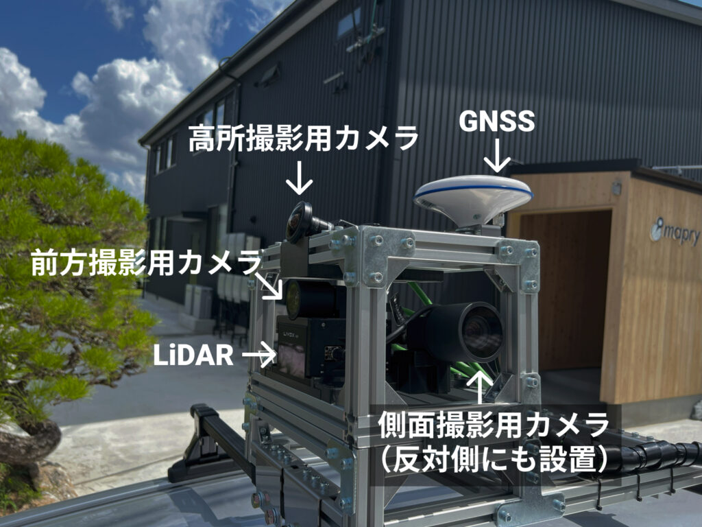 高所撮影用カメラ、GNSS、前方撮影用カメラ、LiDAR、側面撮影用カメラ（反対側にも設置）